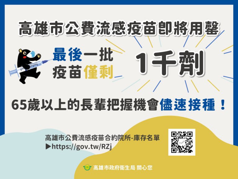 高市公費流感疫苗庫存1千劑本周將用罄　高風險族群快接種產生保護力