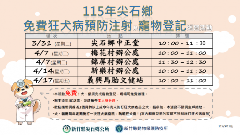 竹縣狂犬病預防注射及寵物登記03/31起尖石鄉開打 提供5場次免費服務 竹縣狂犬病預防注射及寵物登記03/31起尖石鄉開打 提供5場次免費服務