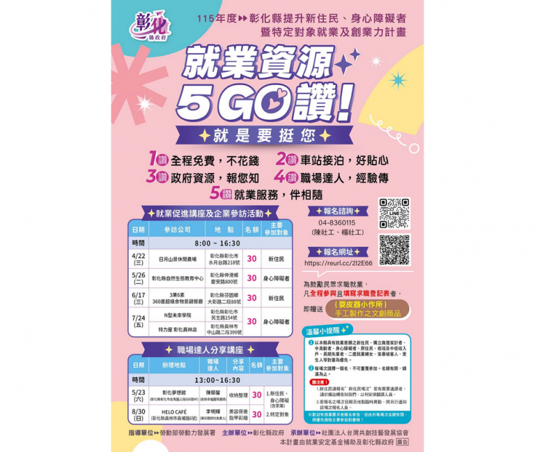 「就業資源5GO讚！」　提升新住民暨特定對象就業及創業力活動熱烈報名中～