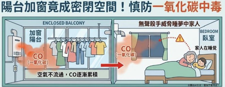 陽台不通風恐釀一氧化碳中毒 蔡宗翰醫師提醒防範「無聲殺手」掌握4重點 陽台不通風恐釀一氧化碳中毒 蔡宗翰醫師提醒防範「無聲殺手」掌握4重點