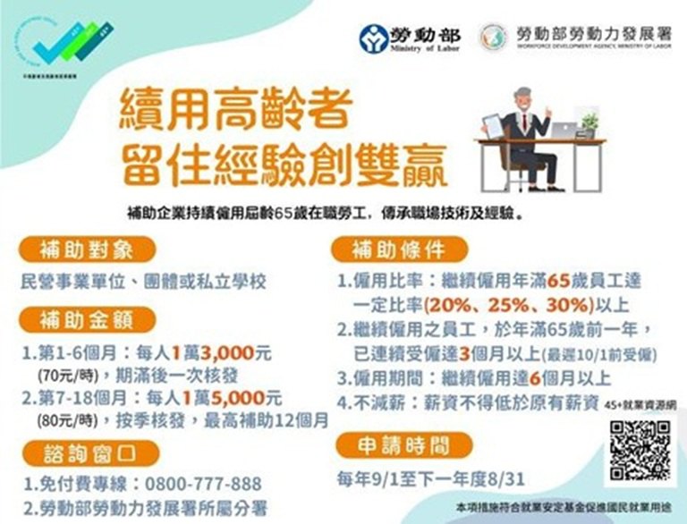 勞動部推動續用高齡補助計畫 創造勞雇雙贏 勞動部推動續用高齡補助計畫 創造勞雇雙贏